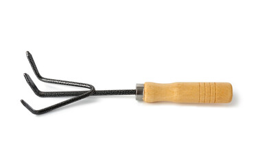 new metal little garden rake on wooden handle