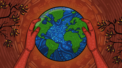 Aboriginal dot art painting depicting save the planet
