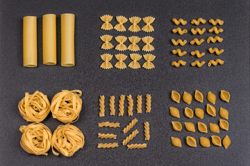 Cannelloni fettuccine conchilioni farfalle bow tie pasta, fusilli and cavatappi. Different types of pasta on grey background.