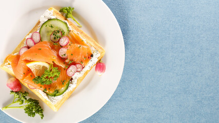 waffle with smoked salmon and vegetable