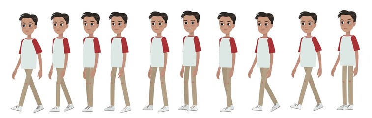 A young schoolboy or student, a character for animation. The walk of a dark boy. 2d sequences for motion design.