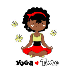 Obraz na płótnie Canvas Vector illustration with an afro american girl in lotus position in yoga pose on a white background. Meditation concept