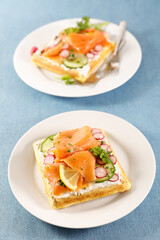 waffle with smoked salmon and vegetable