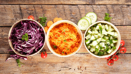 assorted of vegetable salad- red cabbage, carrot and cucumber