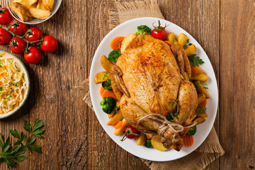 Roast chicken whole. Served on a plate with vegetables and baked potatoes.