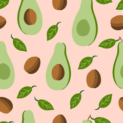 Avocado seamless pattern on pink background. Halves of fruits with stones and leaves. Great for fabrics, wrapping papers, wallpapers, covers. 