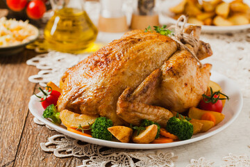 Roast chicken whole. Served on a plate with vegetables and baked potatoes.