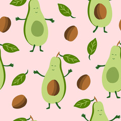 Cartoon avocado seamless pattern on pink background. Halves of fruits with stones and leaves. Great for fabrics, wrapping papers, wallpapers, covers. 