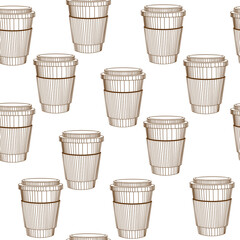 Paper cup with coffee seamless pattern on a white background. Hand drawn sketch illustration. No plastic