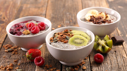 assorted of chia pudding with cereal and fruit