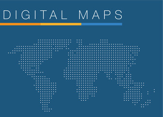 digital world map with blue dots