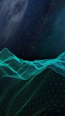 Abstract landscape on a dark background. Cyberspace grid. hi tech network. Outer space. Vertical orientation. Starry outer space texture. 3D illustration