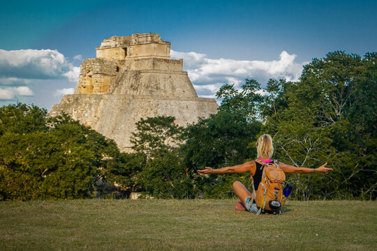 Freedom of backpacking lifestyle in Uxmal ruins in Mexico