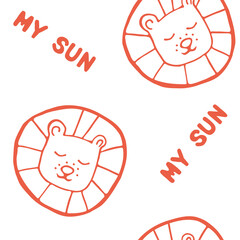 Pattern cute red lion cub on a white background. Hand drawing. Background for the cover.