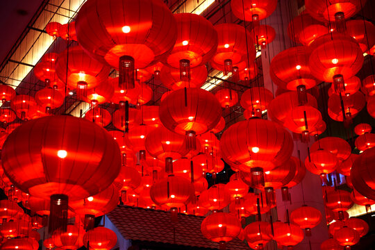 Chinese New year red paper latern decoration in shopping mall.
