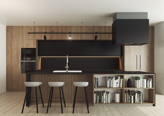 Nowoczesne wnętrze kuchni w domu, połączenie drewna z ciemnymi i czarnymi dekorami.