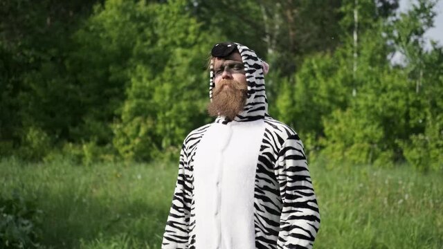 Crazy people, man in a Zebra costume, bright emotion,kigurumi, funny moment, facial expressions, antics, good mood