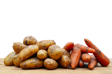 Fresh potatoes and carrots dug from the ground. Autumn harvest of potatoes.
