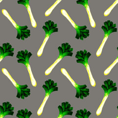Healthy vegetables seamless pattern with leek. Watercolor pattern on gray background