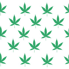Green silhouette of cannabis leaf on a white background seamless pattern. Legalization of a natural product