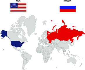 World map with USA and Russia and flags