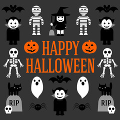 Cartoon illustration with horror characyers and Happy Halloween message