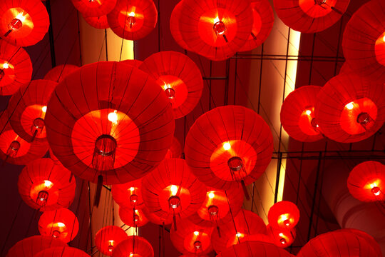 Chinese New year red paper latern decoration in shopping mall.