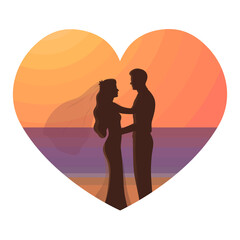 Tropical Beach Wedding Concept. Silhouette of a Couple at Sunset in Heart Frame. Beautiful Newlyweds Looking at Each Other, Hugging by the Sea. Romantic Vector Illustration for Card or Invitation 