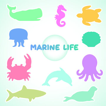 vector set of silhouettes of marine inhabitants. sea animals in pastel colors, stylization