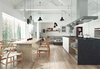 Wnętrze w stylu skandynawskim łączącym kuchnię, jadalnię i pokój dzienny.