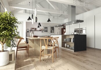 Wnętrze w stylu skandynawskim łączącym kuchnię, jadalnię i pokój dzienny. - obrazy, fototapety, plakaty