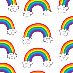 seamless pattern with bright colorful rainbows with smily doodle clouds 