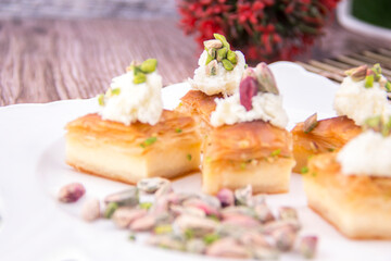 classic creamy arab baklava plate with pistachios