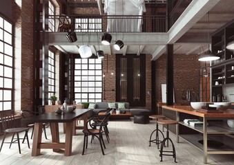 Nowoczesny loft. Otwarta przestrzeń mieszkalna łącząca kuchnię, jadalnię i pokój dzienny.  © Waclaw