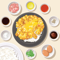Top view of minced pork omelet over rice and ingredients.