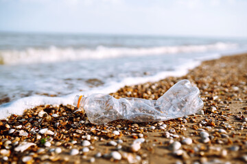 Empty plastic bottle on sea beach. Seashore and water pollution concept. Environmental protection, ecological concept. Waste recycling.