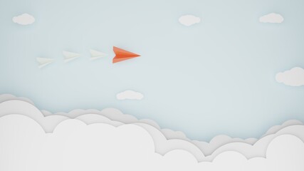3D Render. Digital craft and paper art style of business teamwork creative concept idea. Paper airplanes flying from clouds on blue sky. Leadership red paper plane leading among white. copy space