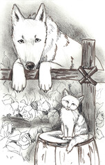 A dog and a cat near the fence, graphic sketch