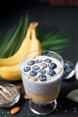 Chia seeds pudding with banana puree and blueberries in glass.