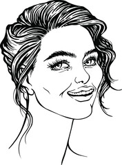 Vector illustration of attractive young woman with teeth smile and pretty natural hairstyle. Black and white hand drawn linear illustration of people.