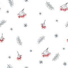 Seamless pattern with fir branches, snowflakes and rowan berries. watercolor illustration. blue branches and red berries isolated on white background. illustration for print and design.