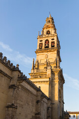 Fototapeta na wymiar bell tower of a church illuminated by the morning sun on a clear day, stone building, old architecture of the city of Cordoba