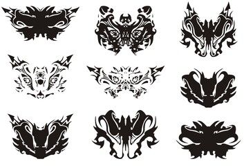 Ornate butterfly wings in black and white tones. Butterfly silhouettes for tattoo, textiles, embroidery, engraving, wallpaper, prints on t-shirts, decorative compositions
