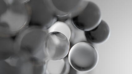 Abstract black and glass spheres background. Beautiful futuristic molecular wallpaper design.