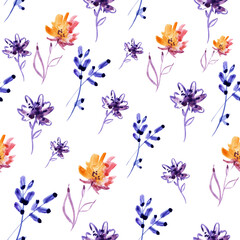 Seamless pattern with watercolor flowers. Ornament of field plants on a white background. Orange stylized flowers and purple twigs.