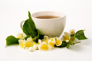 Jasmine flowers whith cup of tea on white background. Space for text