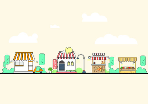 Street fair flat vector illustration. Outdoor market stalls, summer trade tents with sellers and buyers. Flowers, farmers food and products, clothes city kiosks.  EPS 10 vector.