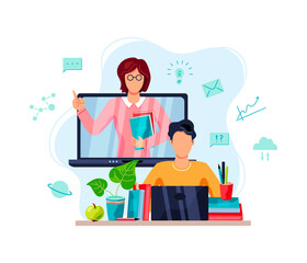 Online education, home schooling concept. Student is doing homework on computer. Female teacher on laptop screen. Vector illustration on white background. Flat cartoon style design.