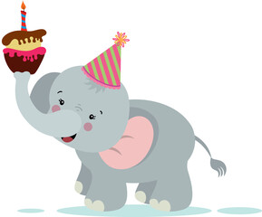 Birthday elephant holding a cake with candle