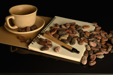 Organic, natural cocoa beans, close-up, on a white background.